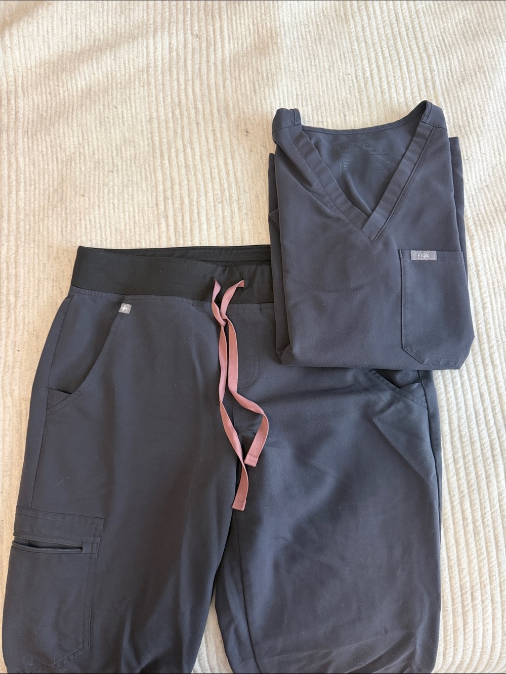 Figs Gray Cargo Scrub Pants with Pink Drawstring